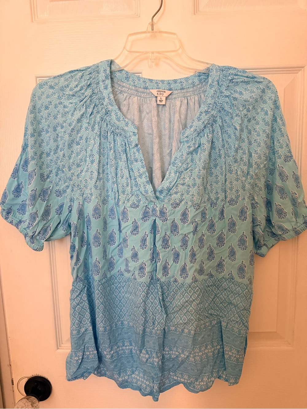 crown & ivy Light Blue Printed Peasant Blouse